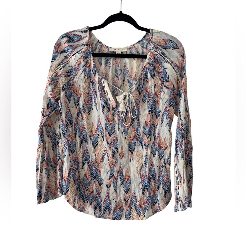Tie-Neck Chevron Print Blouse in Multi-Color